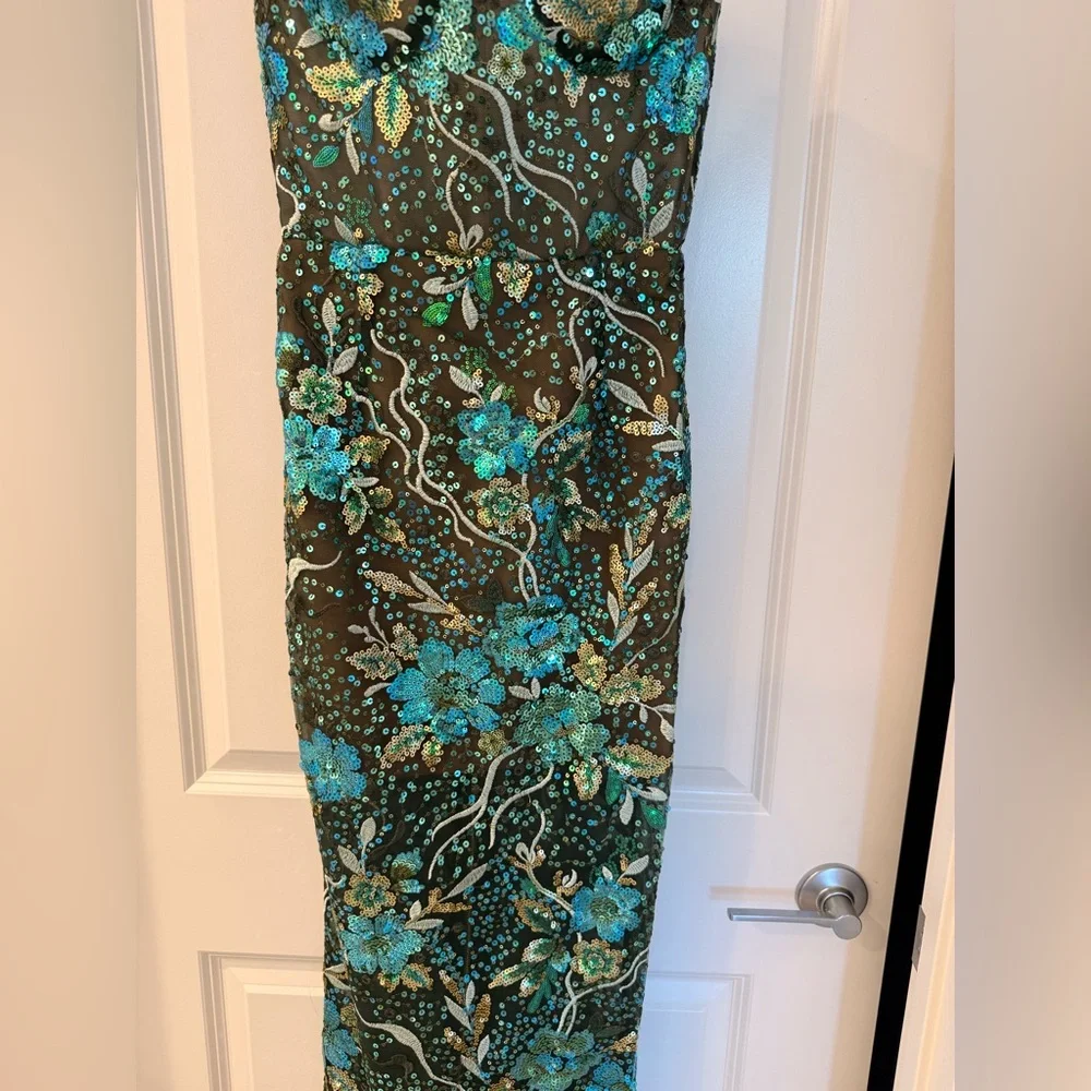 NWOT BRONX AND BANCO Dahlia Teal Multi Maxi Dress, Strapless Floral Gown - Picture 5 of 14